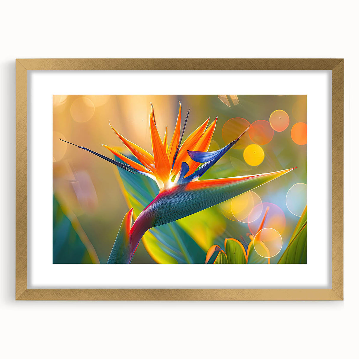 Botanical wall art collection featuring a vibrant Bird of Paradise design framed in gold with a mat, ideal for enhancing modern decor in living spaces.