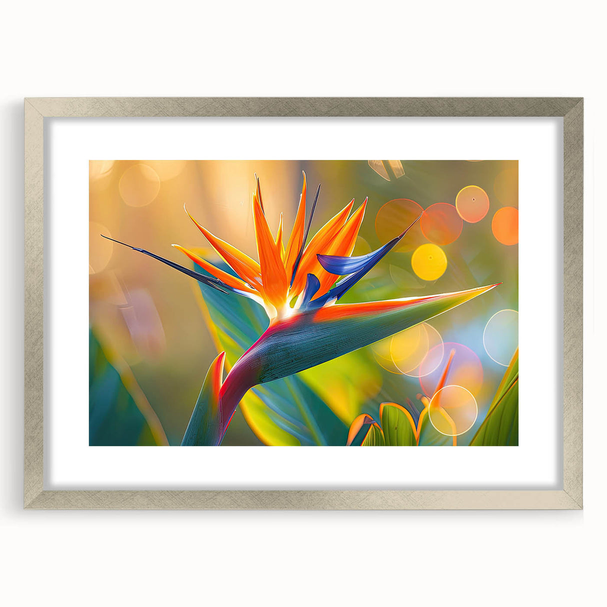 Botanical wall art print showcasing a vibrant Bird of Paradise design, framed in a sleek silver frame with a white mat, perfect for modern decor.