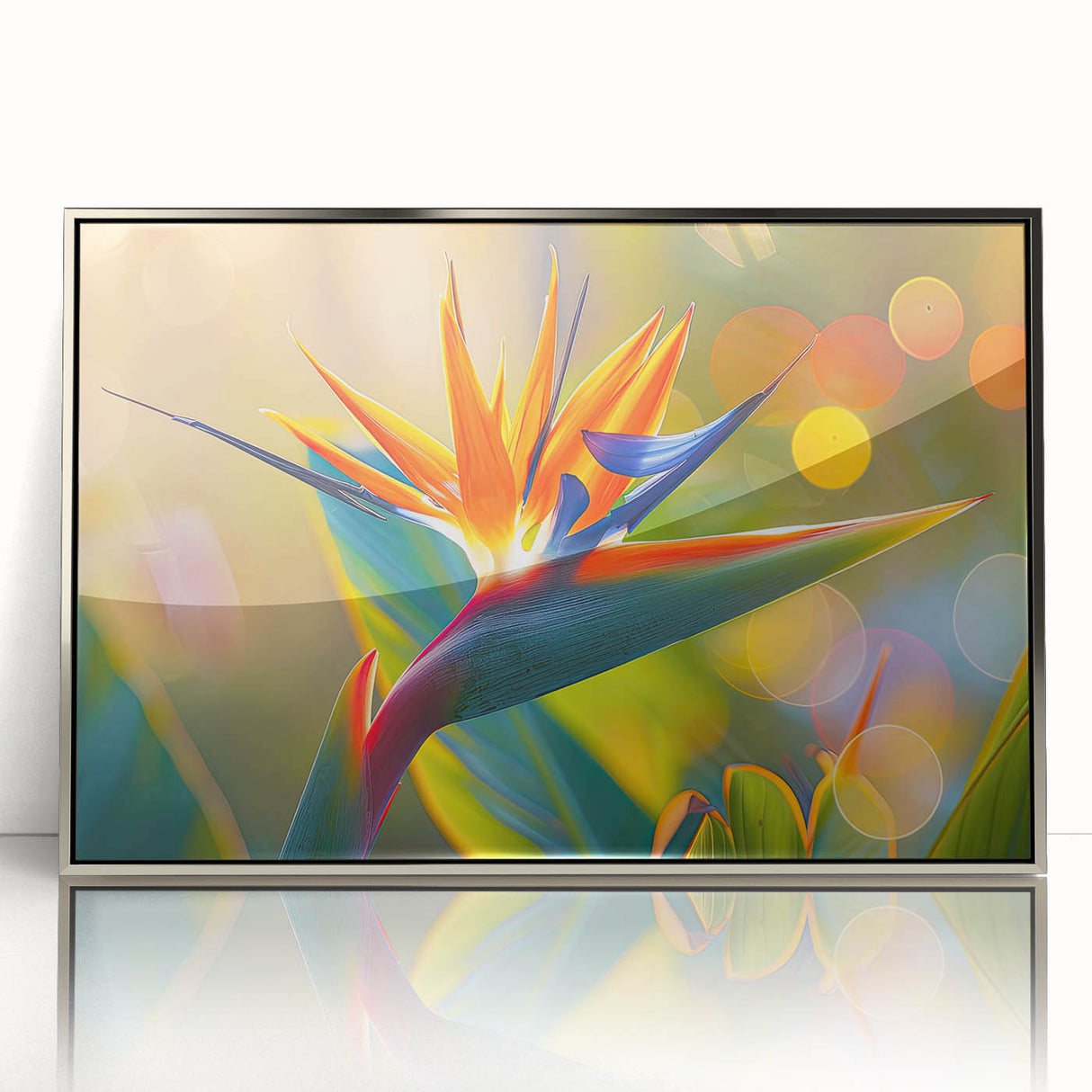 Framed acrylic wall art showcasing a vibrant Bird of Paradise design, featuring intricate floral details and a sleek silver frame, ideal for enhancing modern decor.