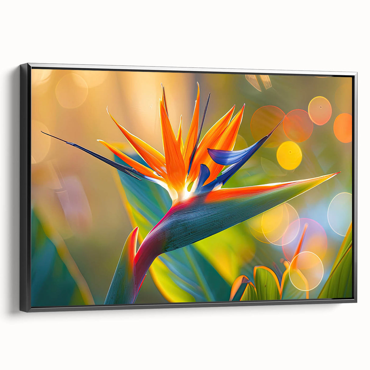 Framed wall art featuring a vibrant Bird of Paradise design, showcasing lush floral elements in a black frame, perfect for botanical decor enthusiasts.