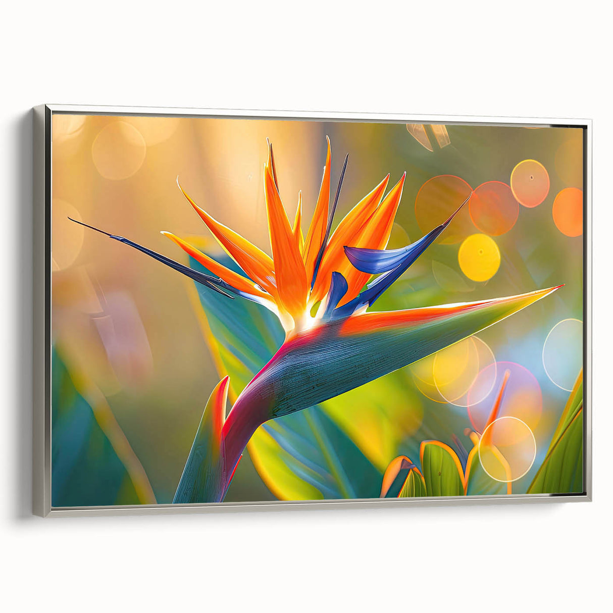 Framed wall art featuring a botanical Bird of Paradise design on a silver background, showcasing vibrant colors and intricate details, perfect for home decor.
