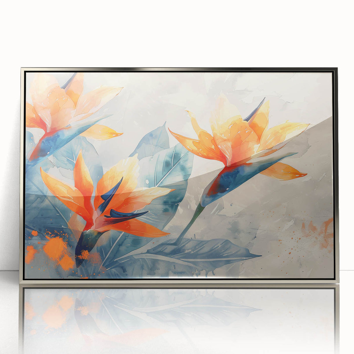 Framed wall art featuring a vibrant bird of paradise design, showcasing intricate floral details in bold colors, set against a sleek silver frame for modern decor.
