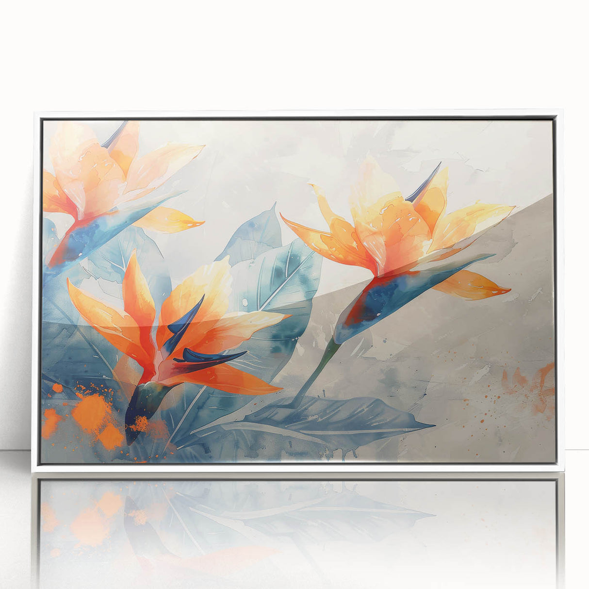 Framed wall art featuring a vibrant bird of paradise design in botanical style, set against a white background, ideal for adding a touch of elegance to home decor.