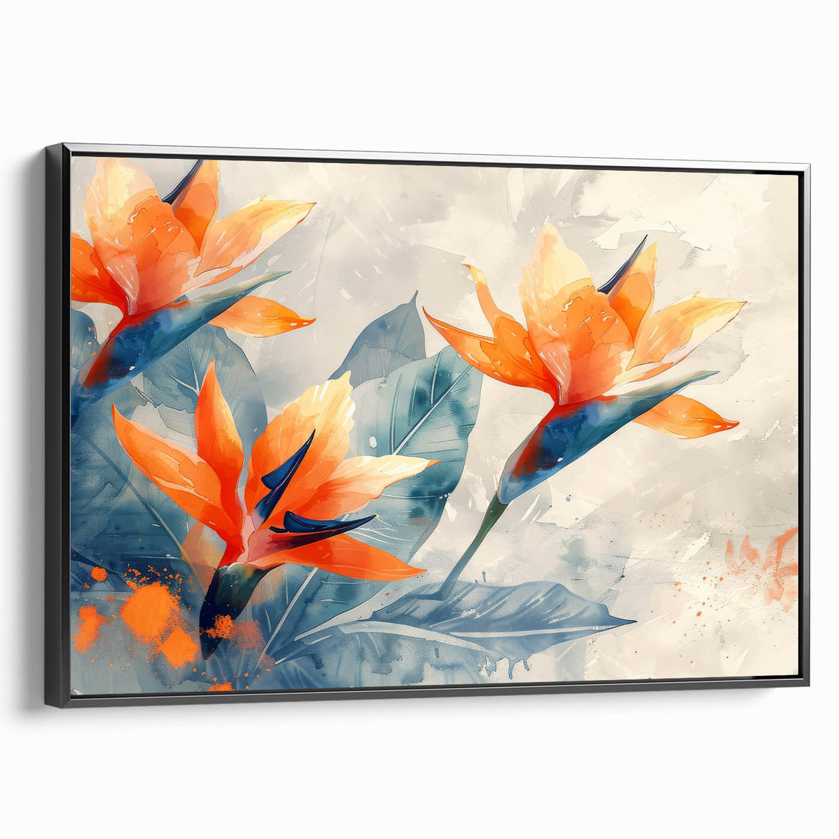 Framed canvas wall art showcasing a vibrant Bird of Paradise floral design with intricate details, presented in a sleek black frame, ideal for home decor.
