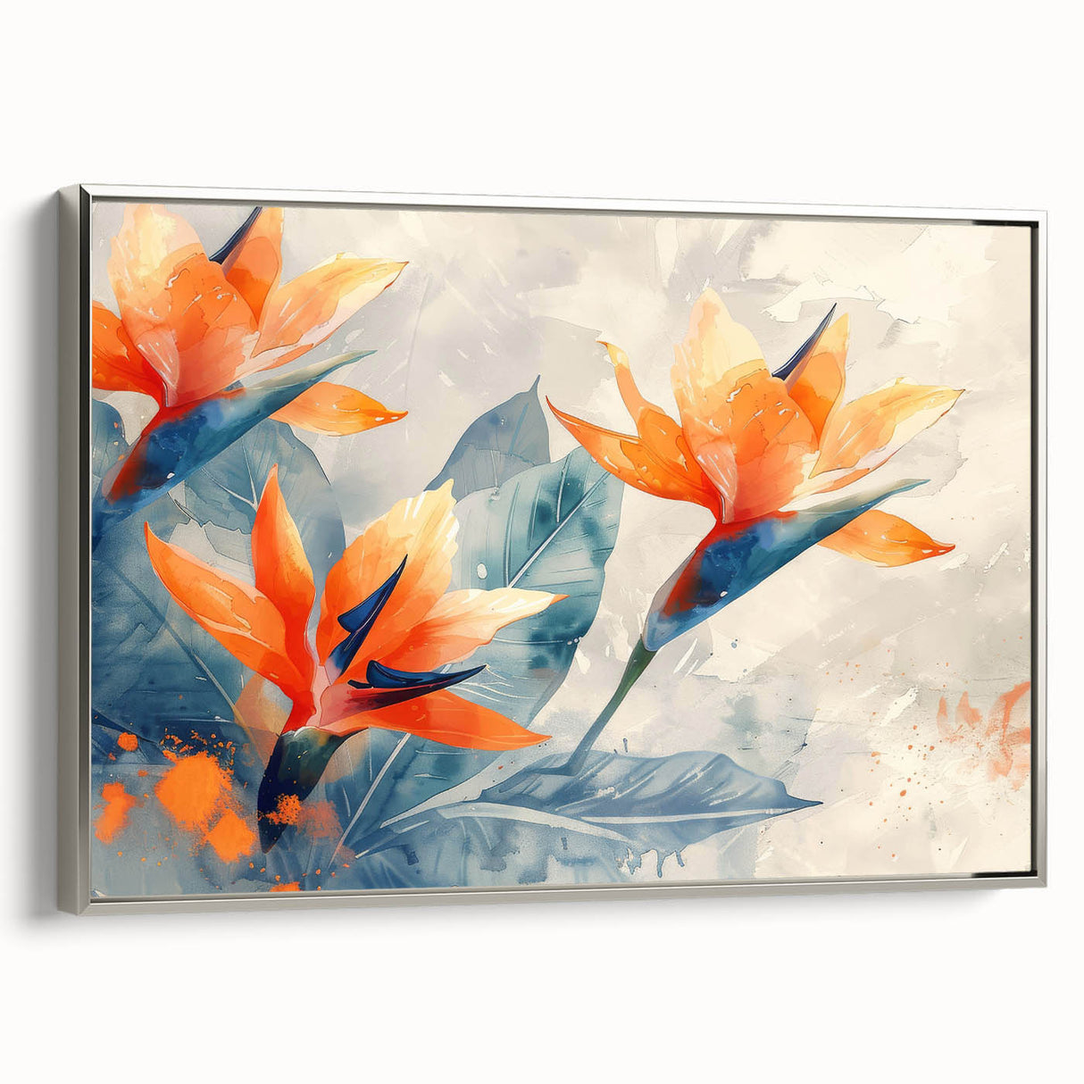 Framed wall art featuring a vibrant Bird of Paradise design in shades of blue and green, elegantly displayed in a silver frame, ideal for botanical-themed decor.