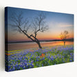Stretched canvas wall art featuring a vibrant bluebonnet botanical design in a side view, showcasing intricate floral details and rich colors, perfect for home decor.