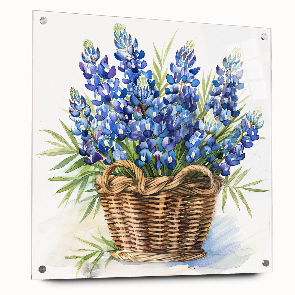 Close-up of a botanical bluebonnet wall art piece displayed with acrylic glass, showcasing vibrant blue and green colors, perfect for home decor enhancement.