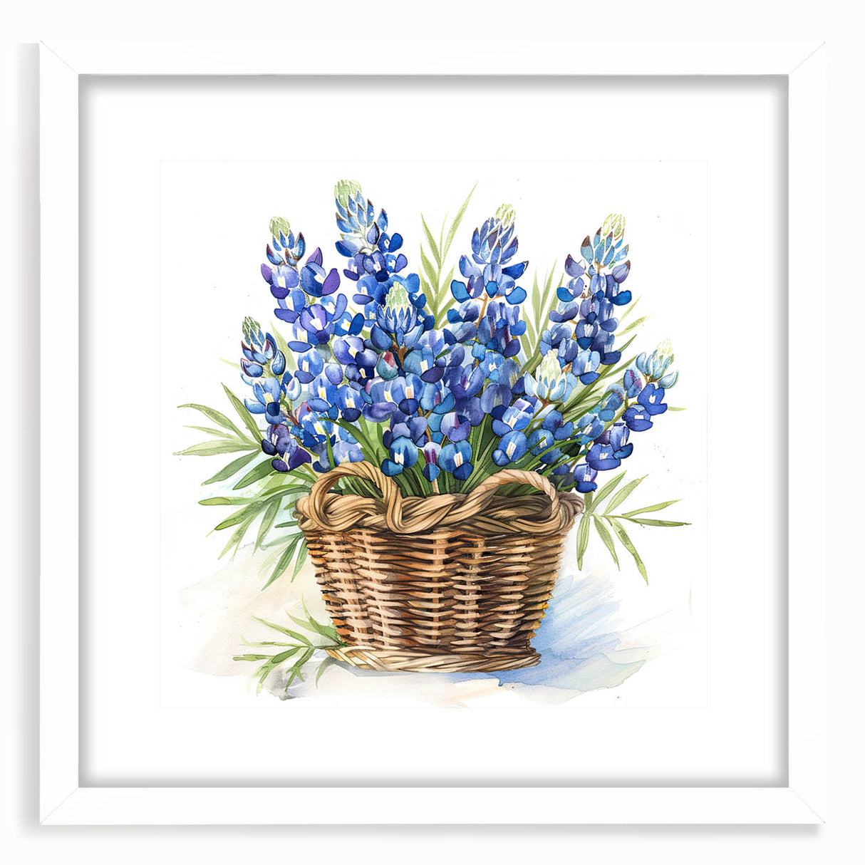 Framed botanical wall art featuring a vibrant bluebonnet design in a white mat, perfect for home decor, showcasing nature's beauty and elegance. Ideal for flower enthusiasts.