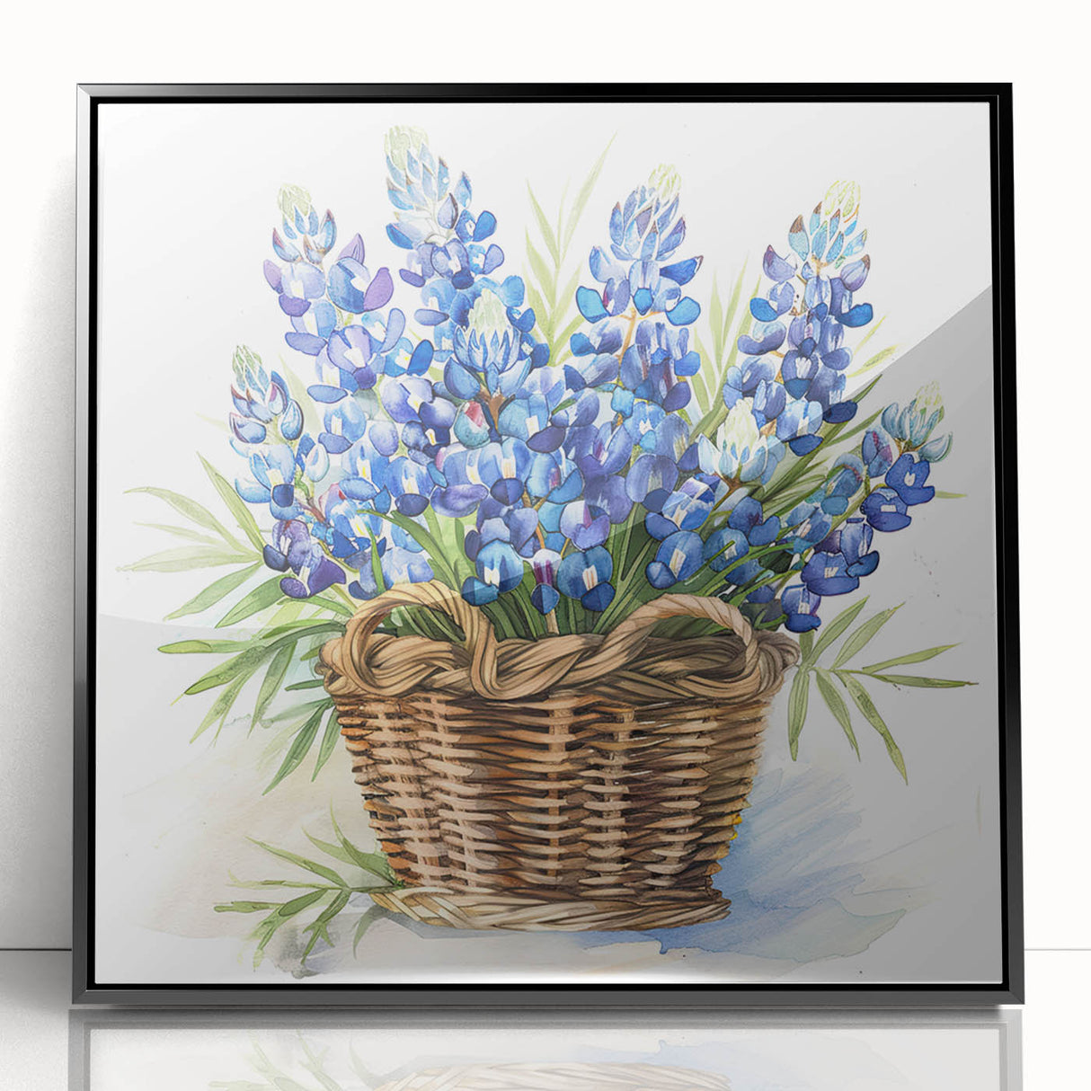 Framed wall art showcasing a vibrant bluebonnet botanical design with a sleek black frame, perfect for home décor and nature enthusiasts, highlighting Texas florals.