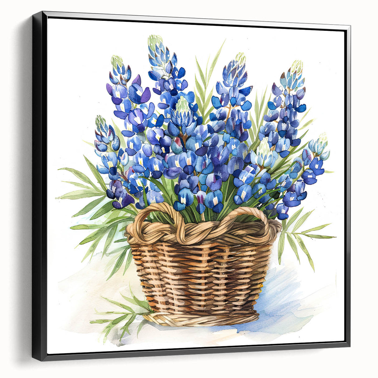 Framed wall art showcasing a botanical bluebonnet design on canvas, featuring a black frame and side view, perfect for enhancing home décor with nature-inspired aesthetics.