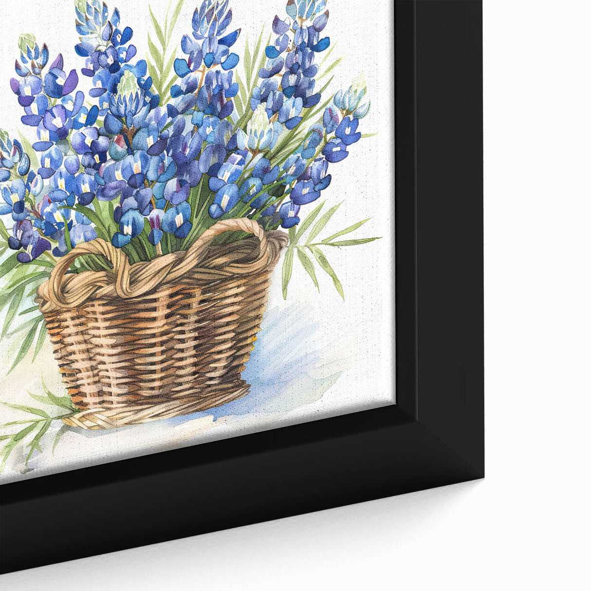 Close-up of a framed canvas wall art piece showcasing vibrant bluebonnet flowers with intricate botanical details, perfect for home décor and nature enthusiasts.