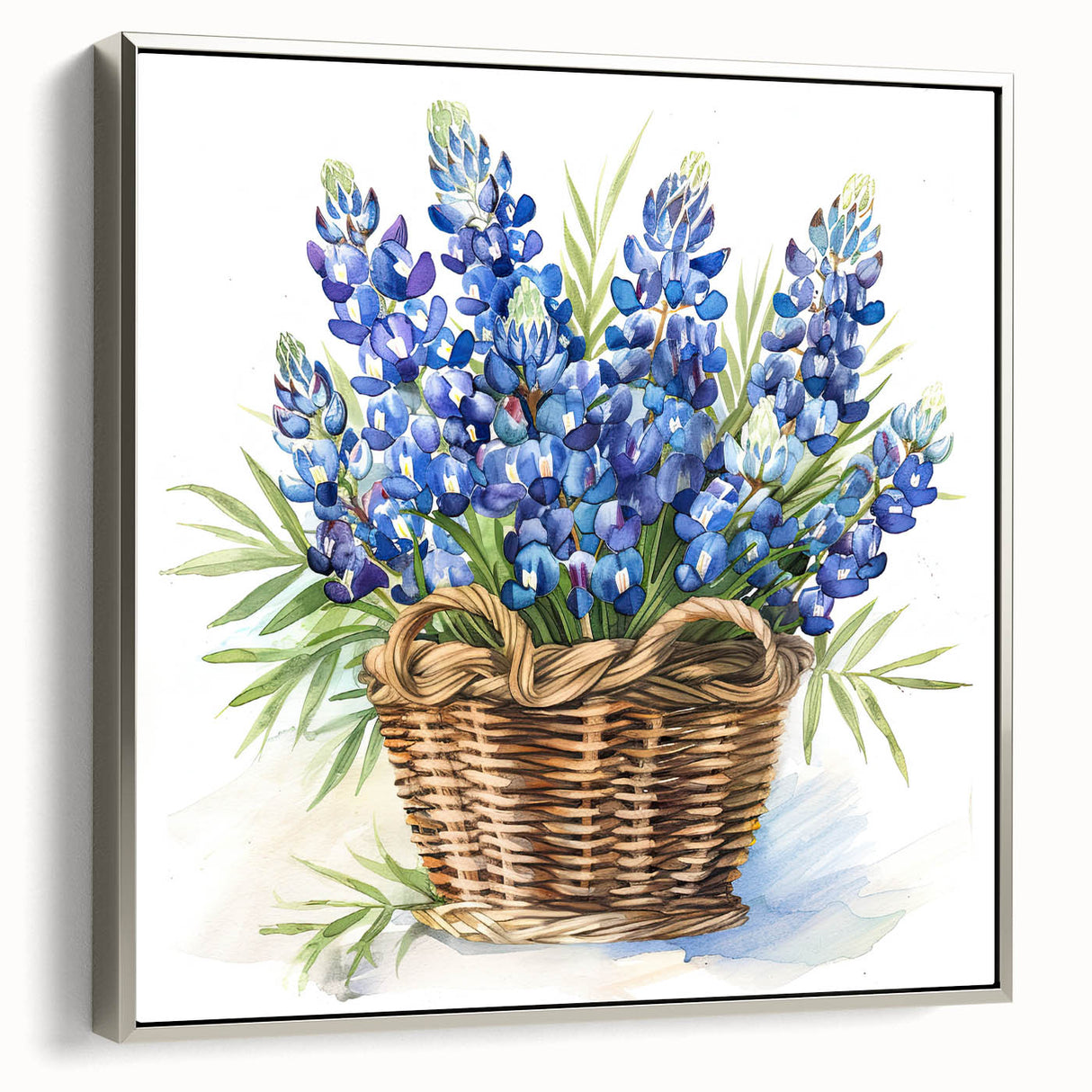 Framed canvas wall art showcasing a botanical bluebonnet design, featuring vibrant colors and a sleek silver frame, ideal for enhancing home decor.