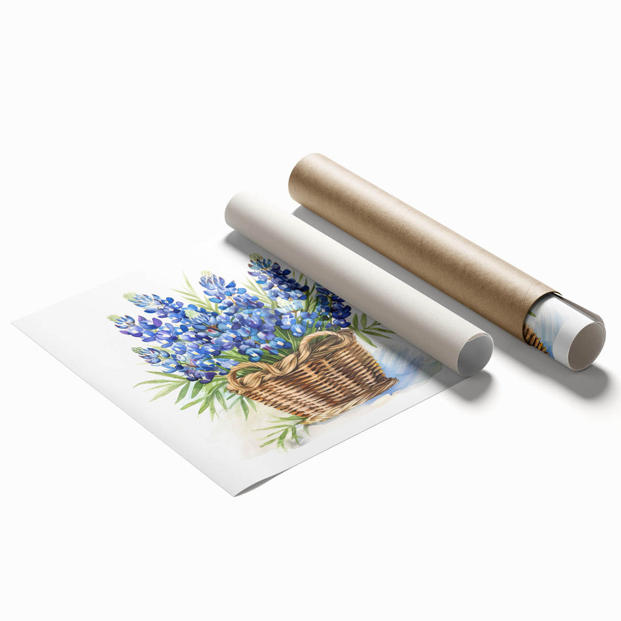 Vibrant bluebonnet botanical art print showcasing delicate flowers in shades of blue and green, perfect for home decor. Rolled for easy framing and delivery.