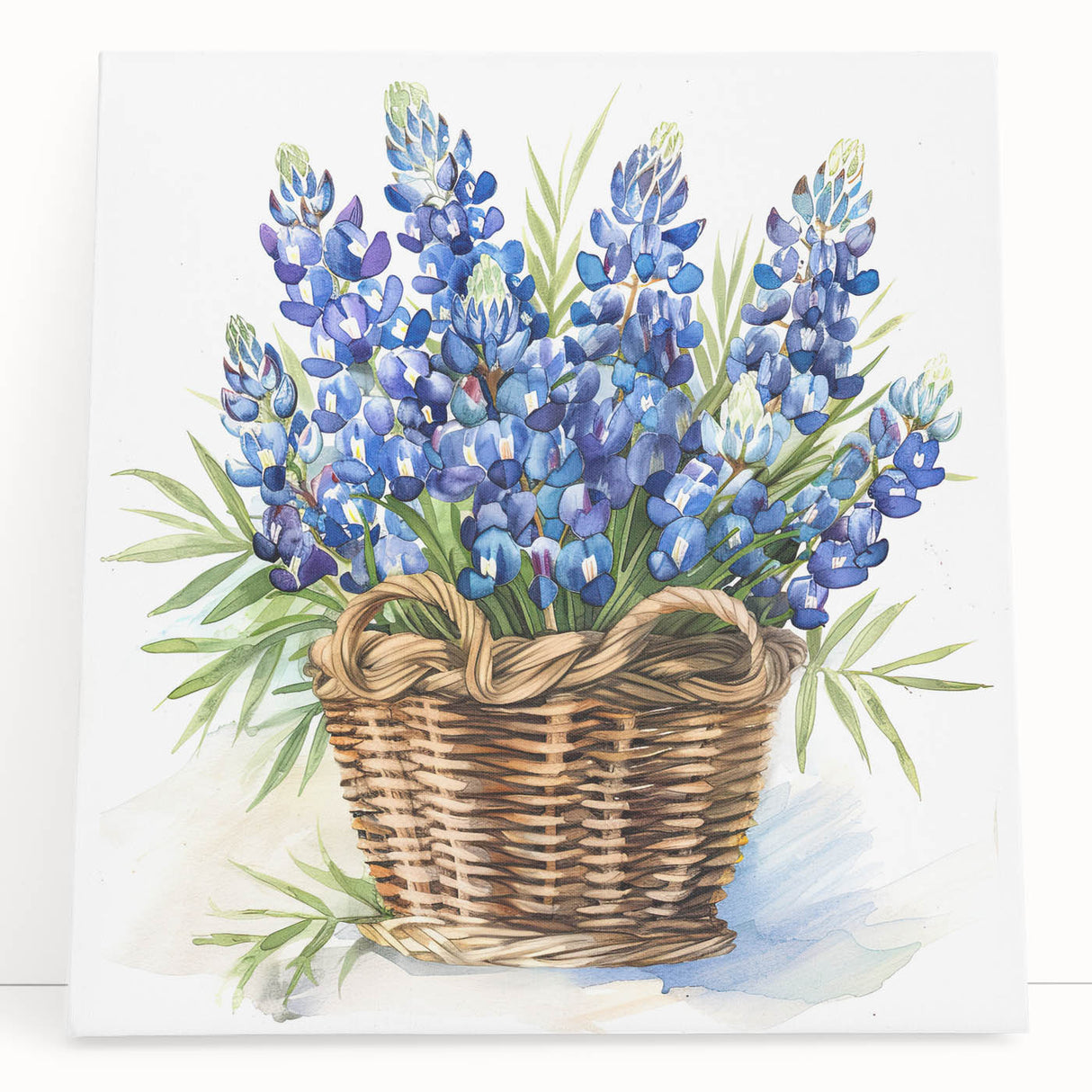 Bluebonnet wall art design on stretched canvas, featuring vibrant blue flowers with green accents, ideal for home decor or botanical-themed spaces.