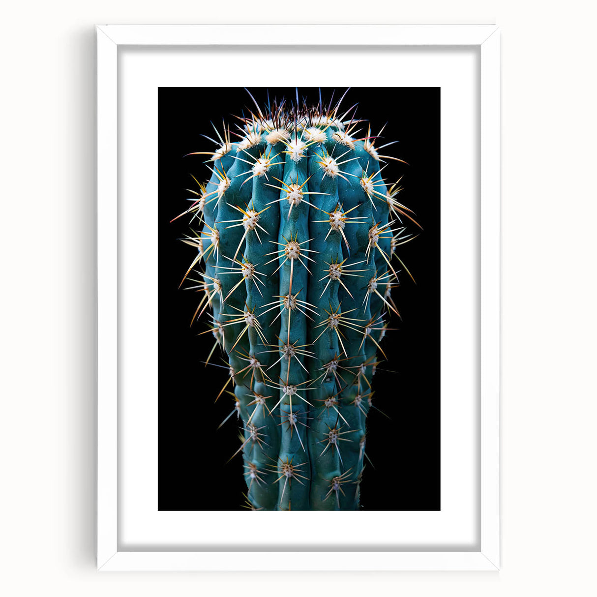 Botanical wall art featuring a vibrant cactus design, framed in white with a mat, ideal for adding a modern touch to home decor. Perfect for plant enthusiasts.