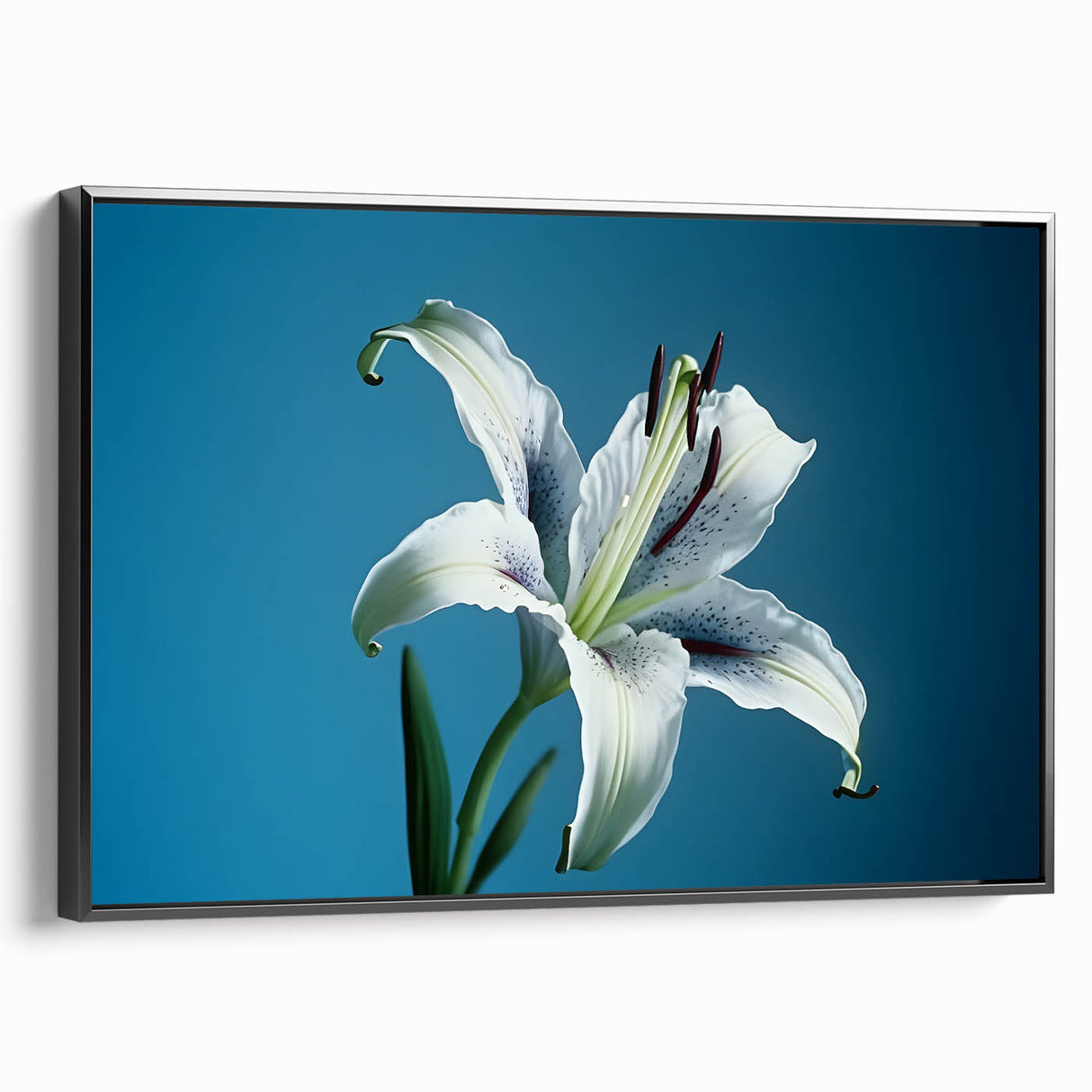 Framed wall art featuring a botanical daffodil design in vibrant colors, displayed from the side to highlight the sleek black frame and modern aesthetic. Ideal for home decor enthusiasts seeking floral-themed artwork.