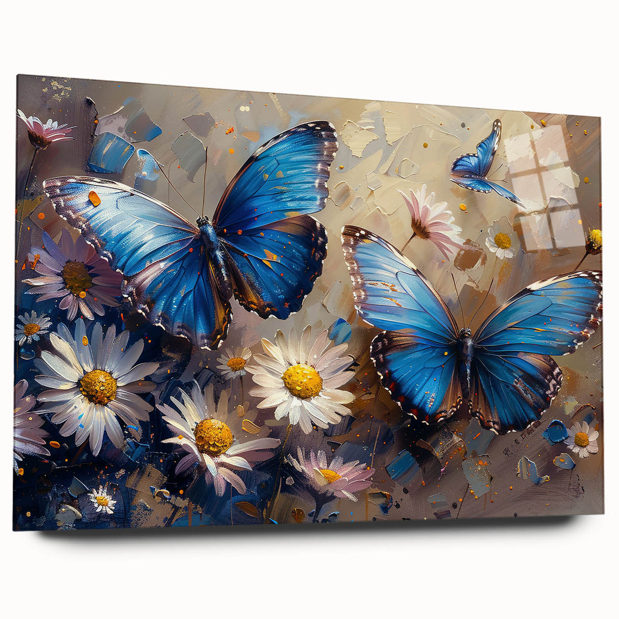 Acrylic glass wall art featuring a botanical daisy design in vibrant colors, showcasing intricate floral details and a sleek side view without pins, perfect for modern decor.