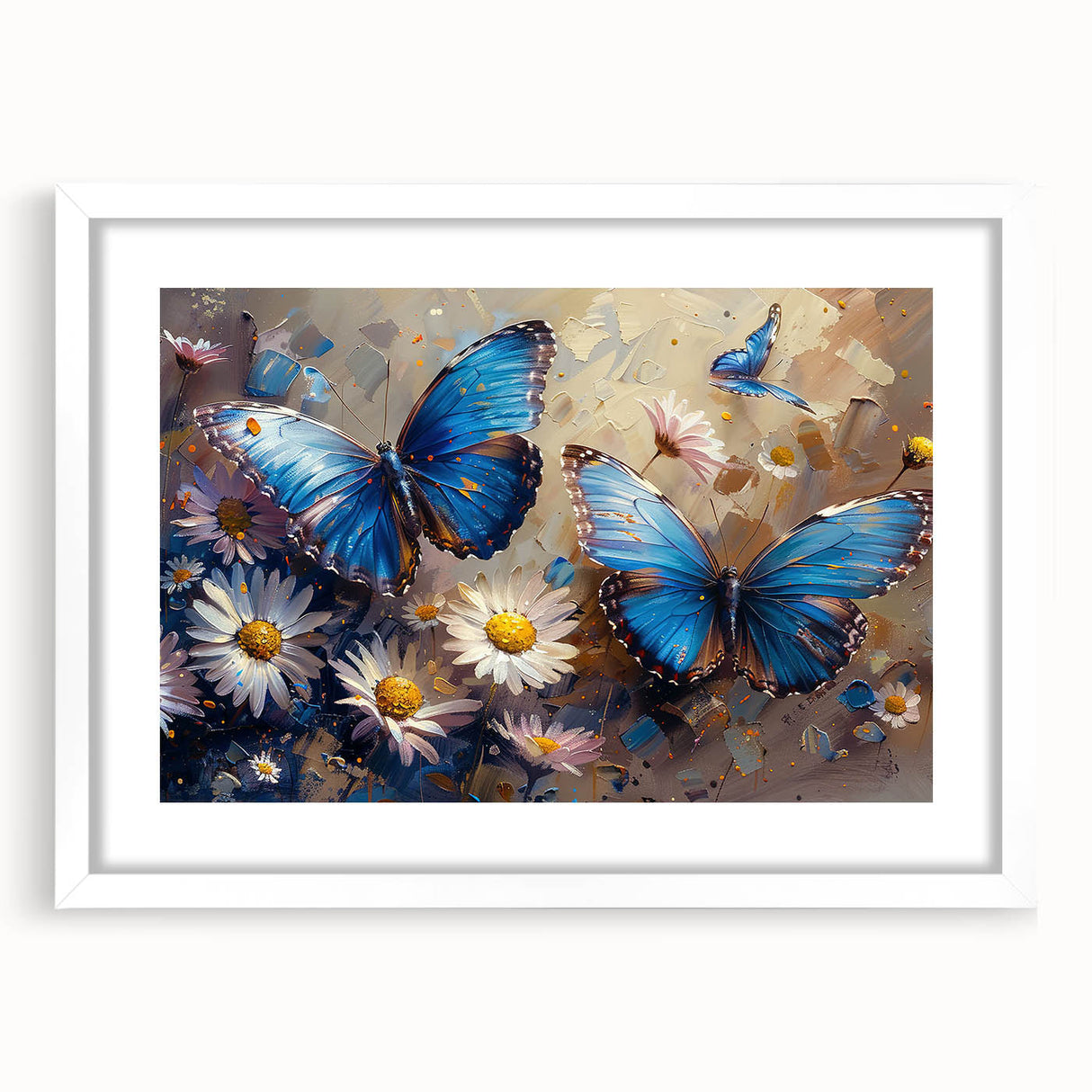 Botanical daisy wall art design featuring a white frame with matting, showcasing vibrant floral illustrations ideal for home decor. Perfect for brightening any room.