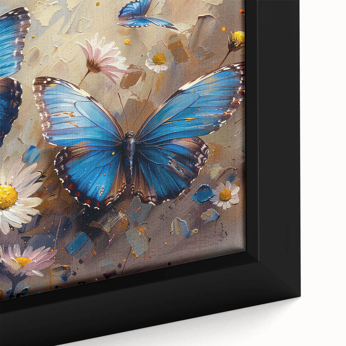 Close-up of a framed botanical wall art piece showcasing vibrant daisies in a modern design, perfect for enhancing home decor with a touch of nature.