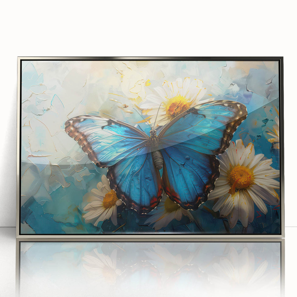 Framed acrylic wall art featuring a botanical daisy design, showcasing vibrant white and yellow flowers against a sleek silver frame, ideal for modern decor.