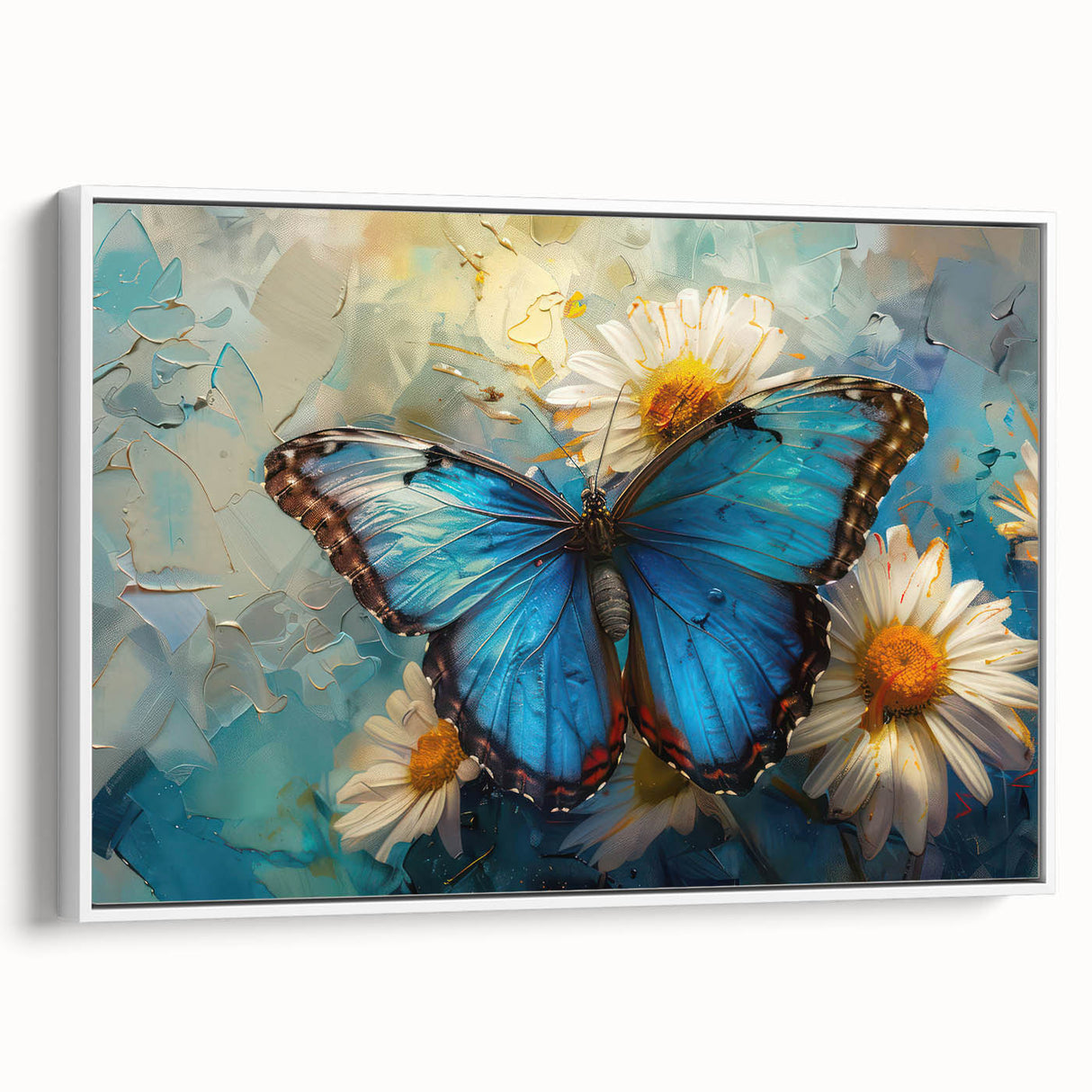 Framed canvas wall art showcasing a botanical daisy design in vibrant colors, emphasizing its elegant white frame and contemporary style, perfect for home decor.