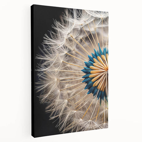 Stretched canvas art showcasing a botanical dandelion design with vibrant colors and intricate details, ideal for home decor and nature-themed interiors.
