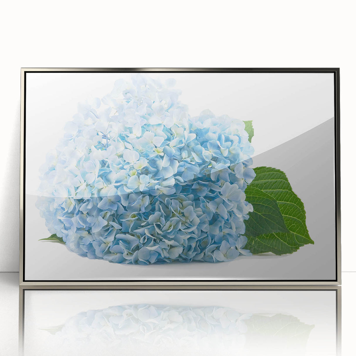 Framed wall art featuring a botanical hydrangea design with vibrant blue and white flowers against a sleek silver frame, ideal for modern home decor.