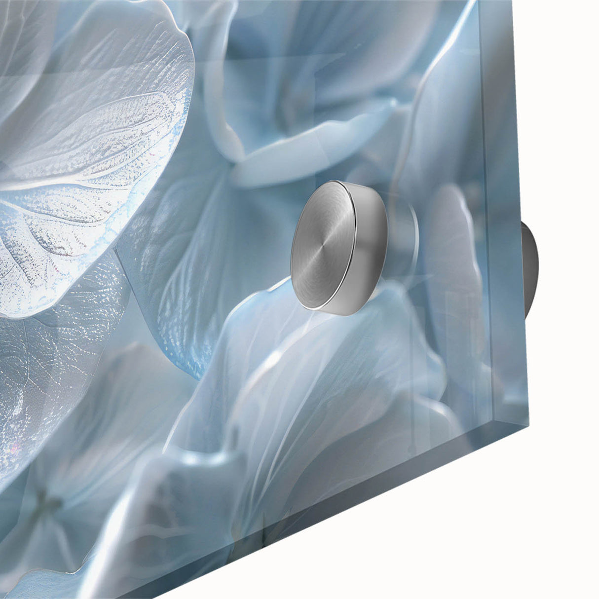 Close-up view of a vibrant botanical hydrangea wall art design, featuring rich colors and intricate details, printed on acrylic glass, perfect for home decor.