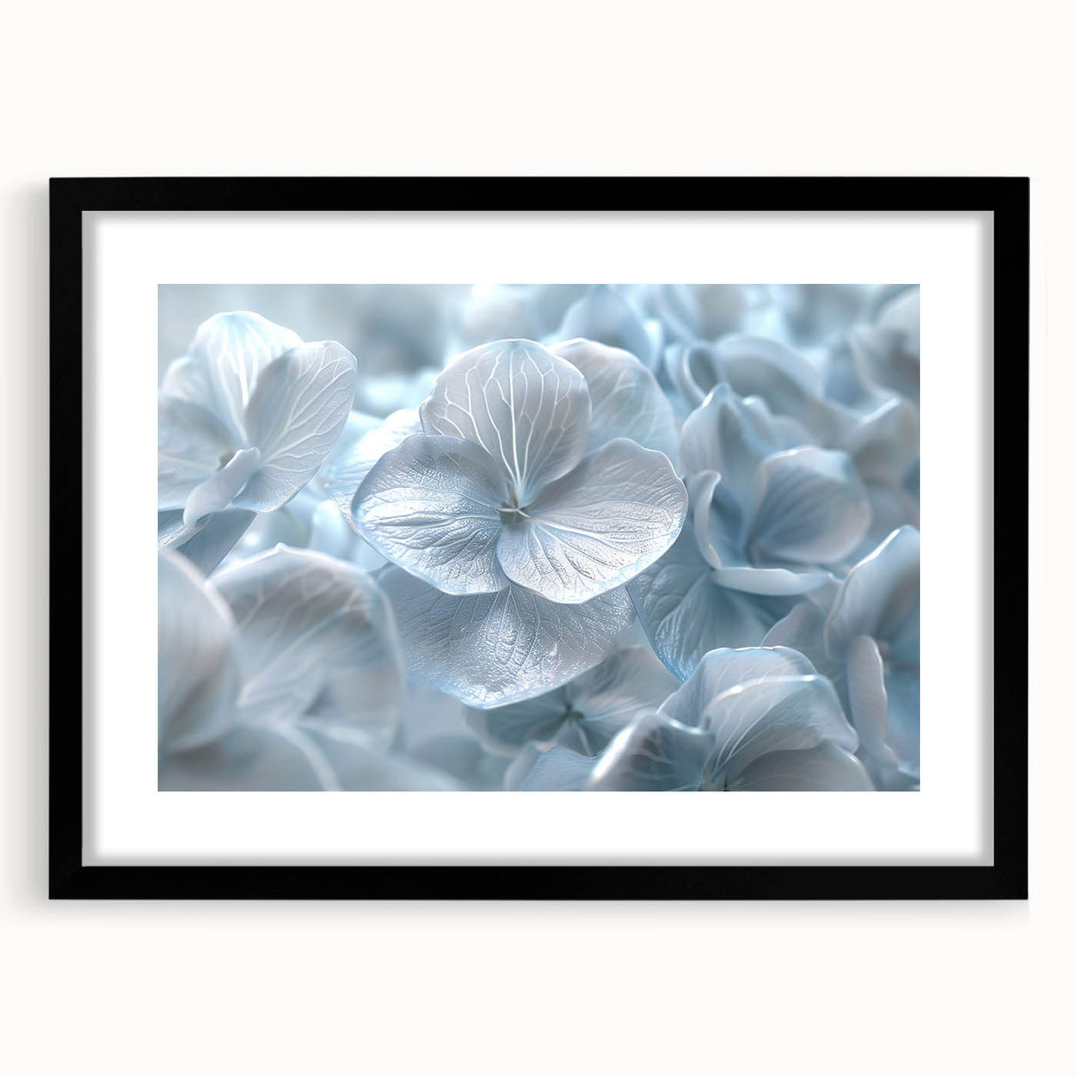 Black-framed wall art featuring a botanical hydrangea design, showcasing intricate flower details and vibrant colors, perfect for home decor enhancement.