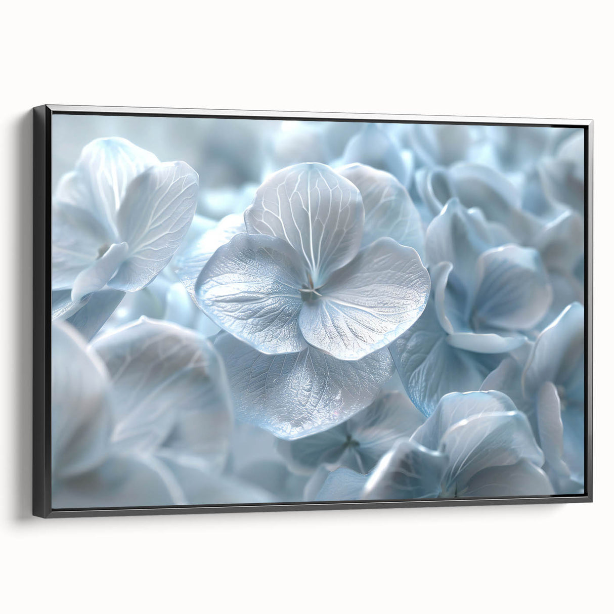 Framed black side view of a botanical wall art piece showcasing vibrant hydrangeas, perfect for adding a touch of nature-inspired elegance to home decor.
