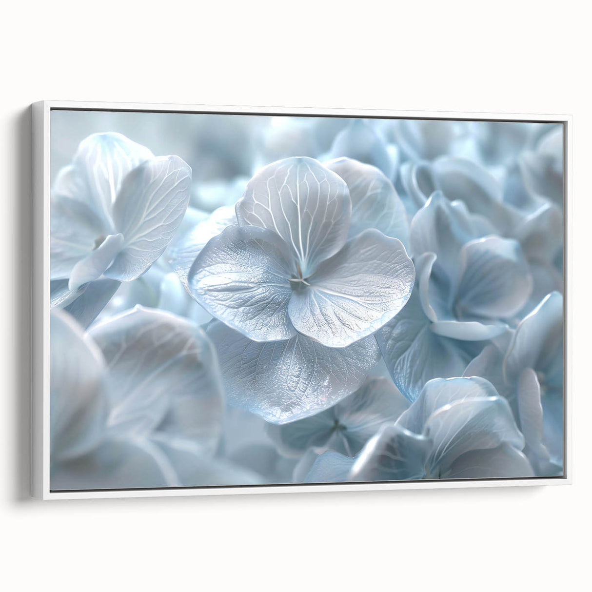 Framed canvas wall art showcasing a botanical hydrangea design in soft pastel colors, viewed from the side, perfect for enhancing home decor aesthetics.
