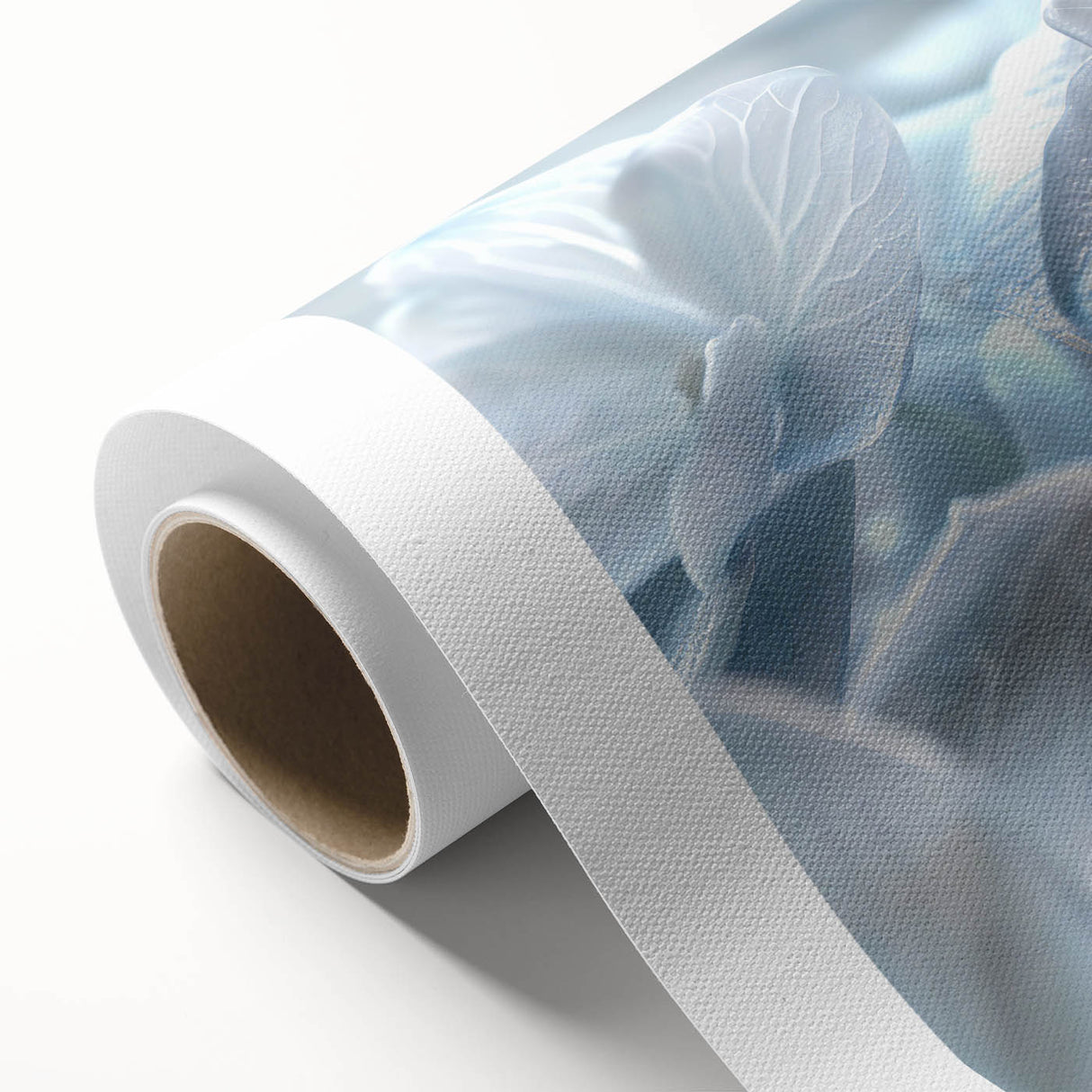 Hydrangea botanical wall art design on rolled canvas, showcasing vibrant blue and white flowers with lush green leaves, perfect for home decor or art collectors.