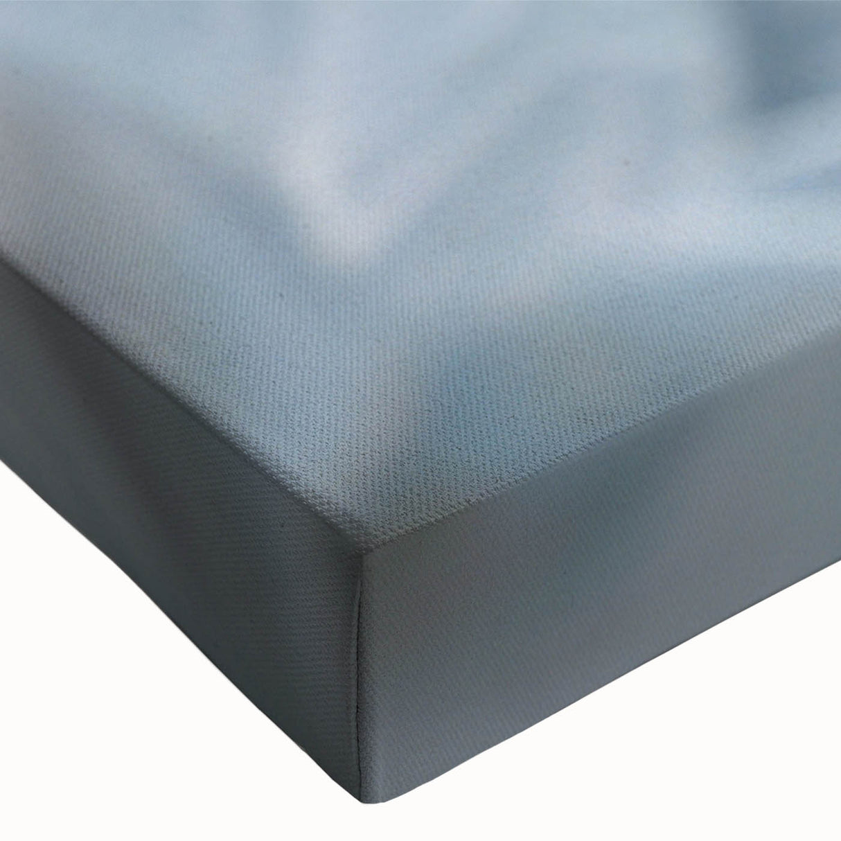 Close-up of a botanical hydrangea design on stretched canvas wall art, showcasing vibrant blue and white blooms against a soft background, perfect for home decor.