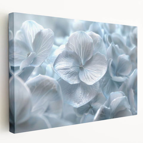 Stretched canvas wall art showcasing a vibrant hydrangea floral design, featuring rich colors and intricate botanical details, ideal for home decor.
