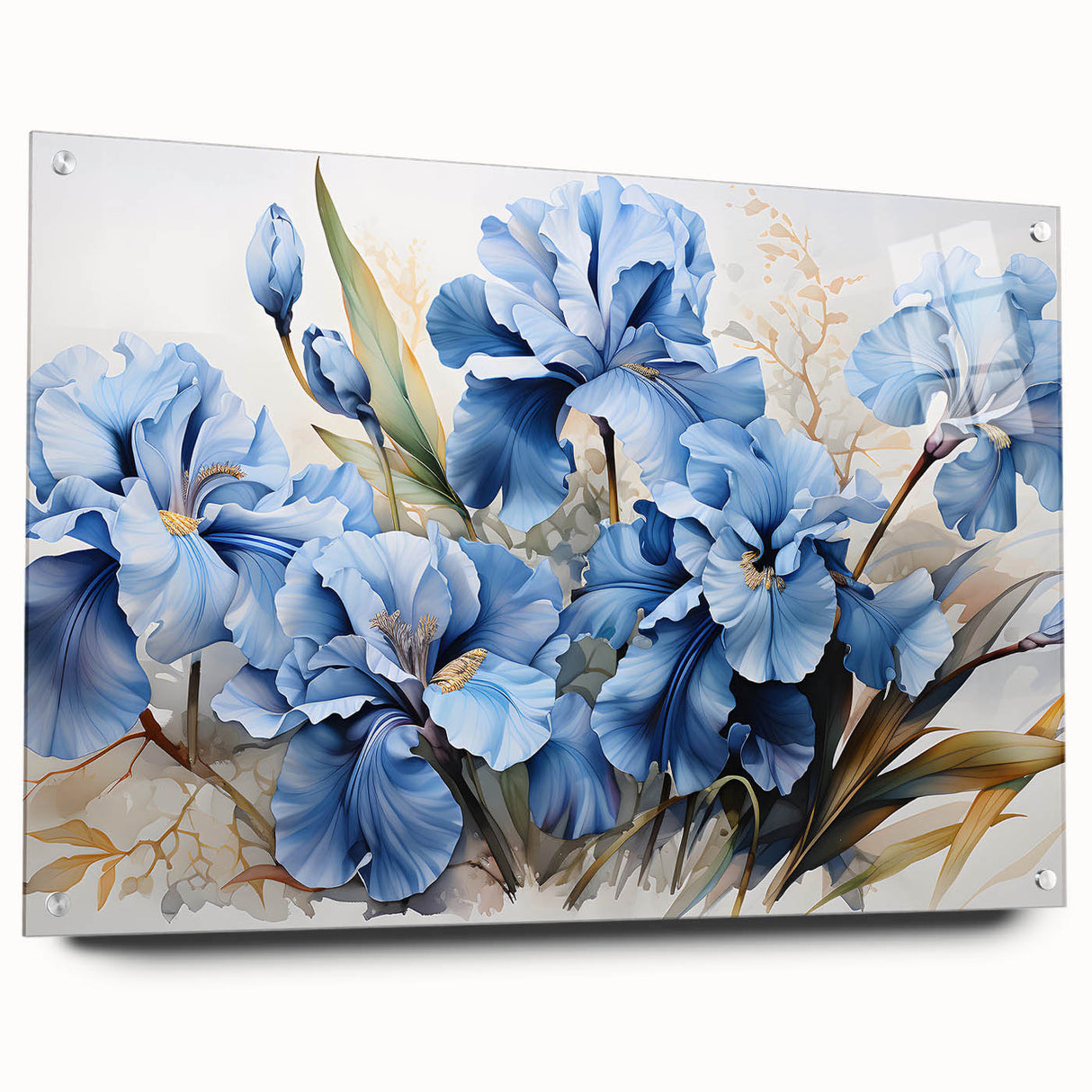 Side view of a botanical wall art design featuring vibrant irises, displayed in a sleek acrylic glass frame with decorative pins, ideal for enhancing home decor.