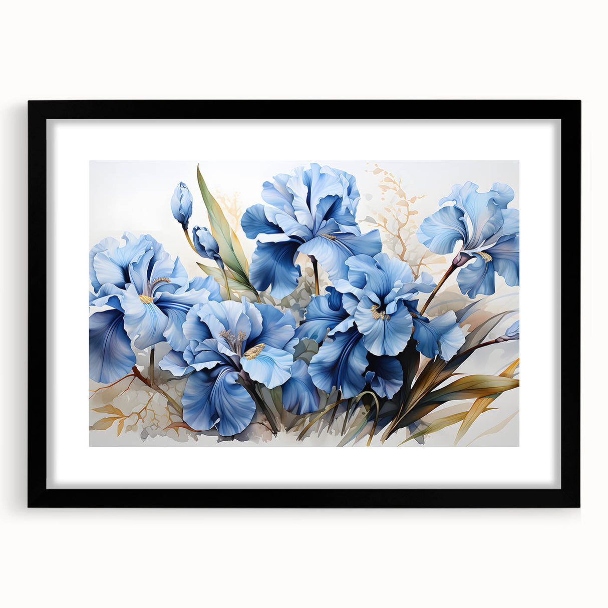 Framed botanical wall art featuring a delicate iris design, showcasing vibrant colors against a sleek black frame, ideal for home decor enhancement.
