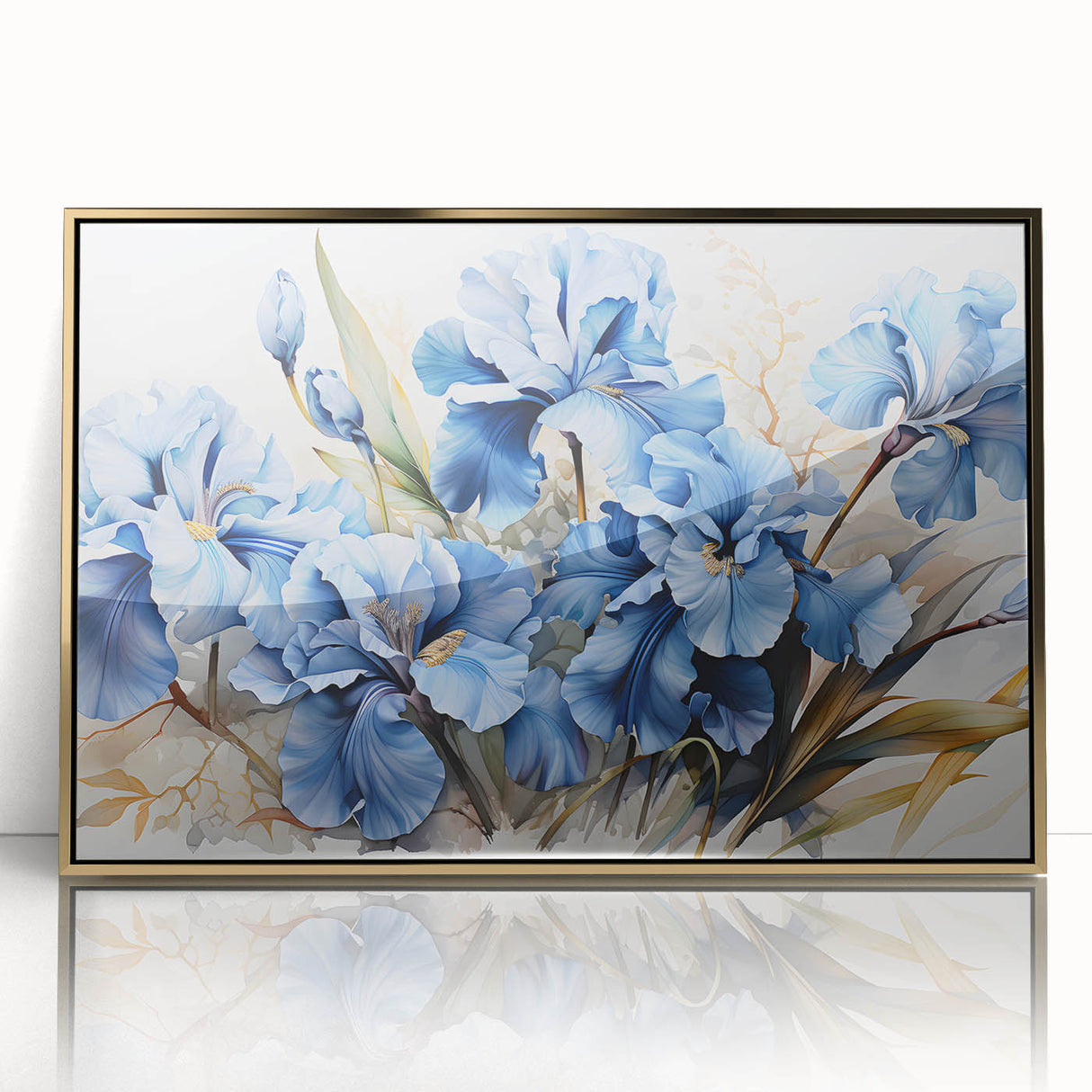Framed botanical wall art featuring an elegant gold-accented iris design, showcasing vibrant colors and intricate details, perfect for home decor enhancement.