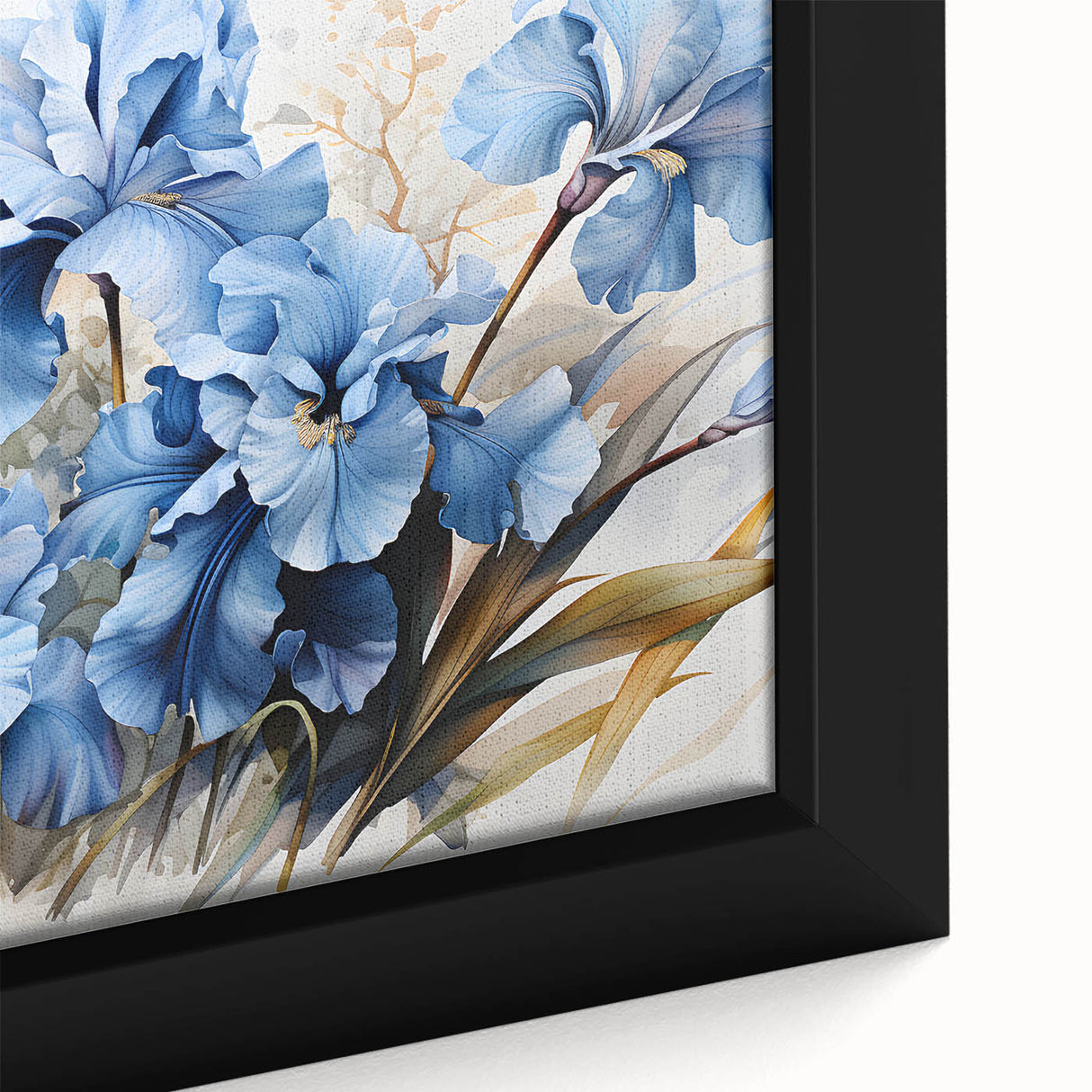 Close-up of a framed canvas featuring a vibrant botanical iris design in shades of blue and green, showcasing intricate floral details, perfect for home decor.