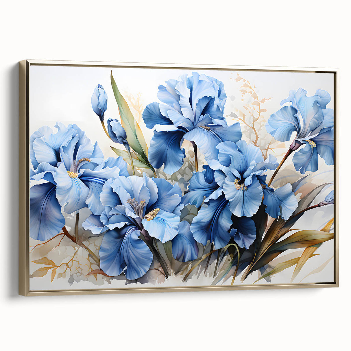 Framed canvas wall art showcasing a botanical iris design with intricate floral details, elegant gold frame, and side view highlighting its artistic depth and texture. Ideal for enhancing home decor in contemporary settings.
