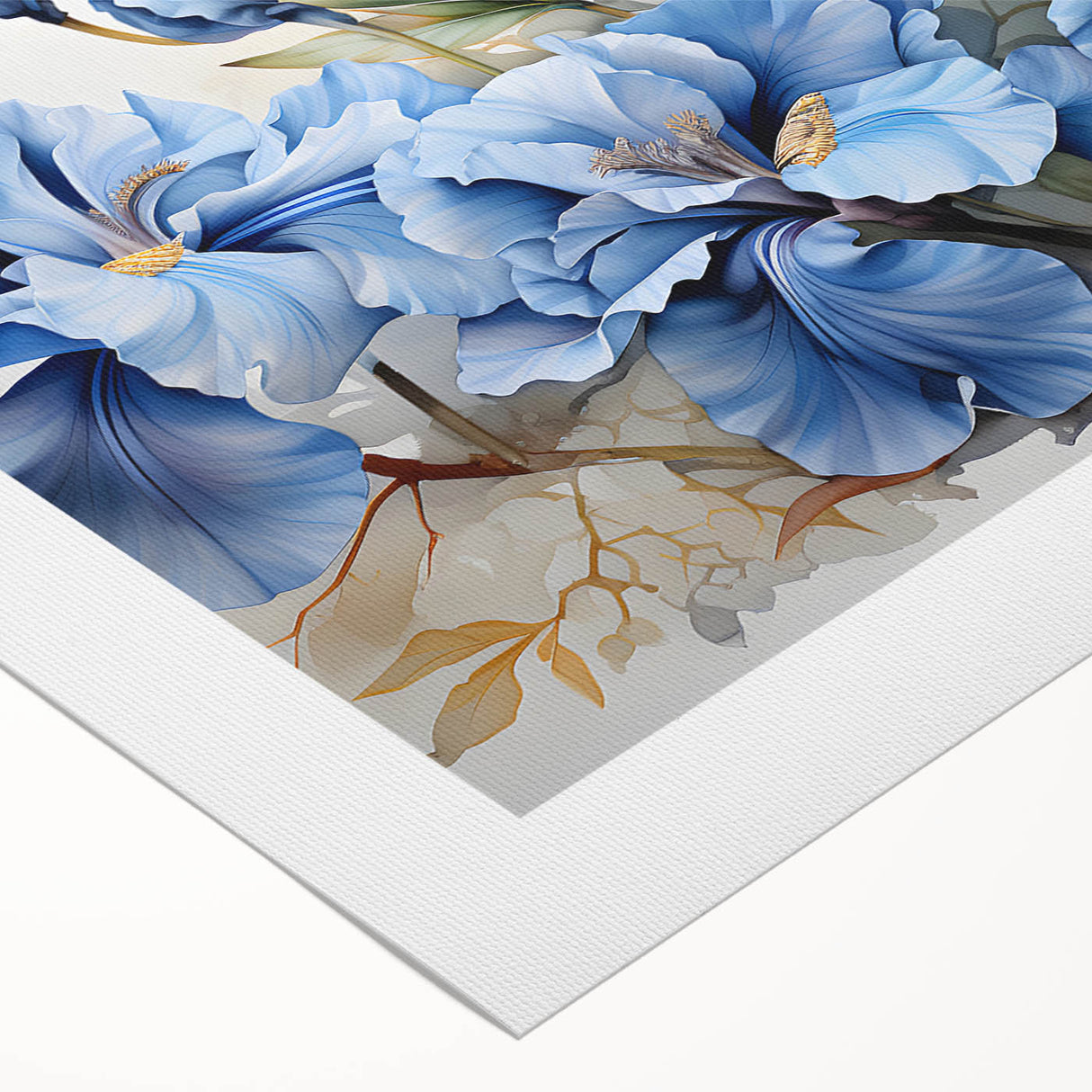 Vibrant rolled canvas showcasing a botanical Iris design with lush green leaves and delicate purple flowers, perfect for enhancing home decor.