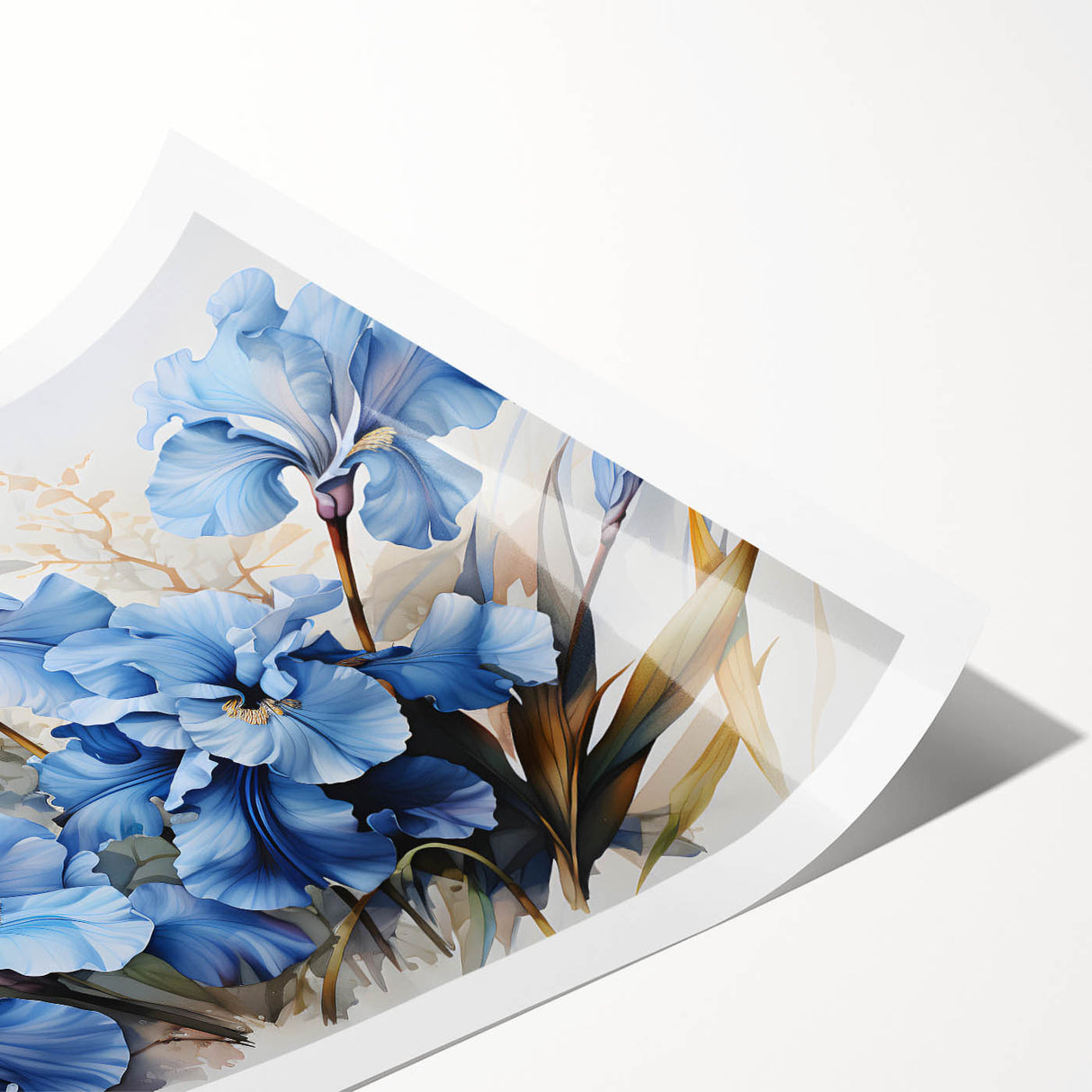 Botanical iris wall art print showcasing vibrant purple and green floral design, elegantly rolled and ready for display, enhancing home decor with nature-inspired elegance.