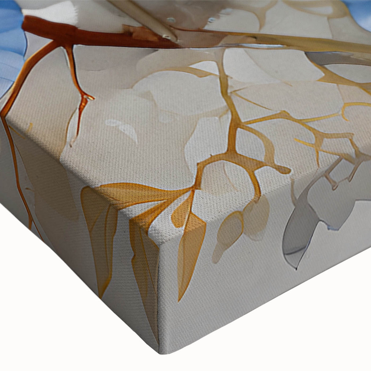 Close-up of a vibrant botanical iris design on stretched canvas wall art, showcasing delicate floral details and rich colors, perfect for home decor.