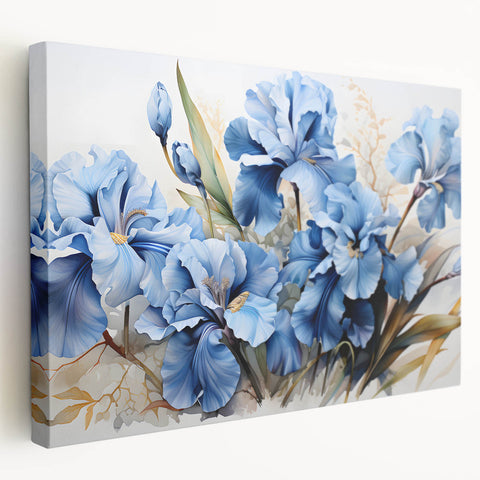 Stretched canvas showcasing a botanical iris design in vibrant colors, perfect for home decor. The side view highlights its sleek profile and elegant presentation.