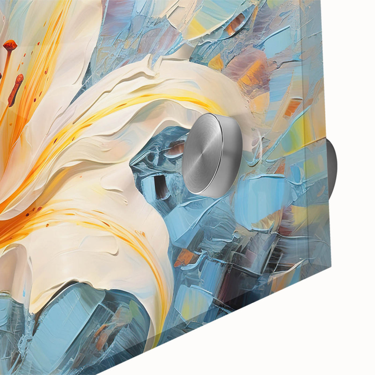 Close-up of a vibrant botanical wall art piece featuring a detailed lily design in rich colors, beautifully displayed on acrylic glass for an elegant finish. Ideal for enhancing home decor with a touch of nature.