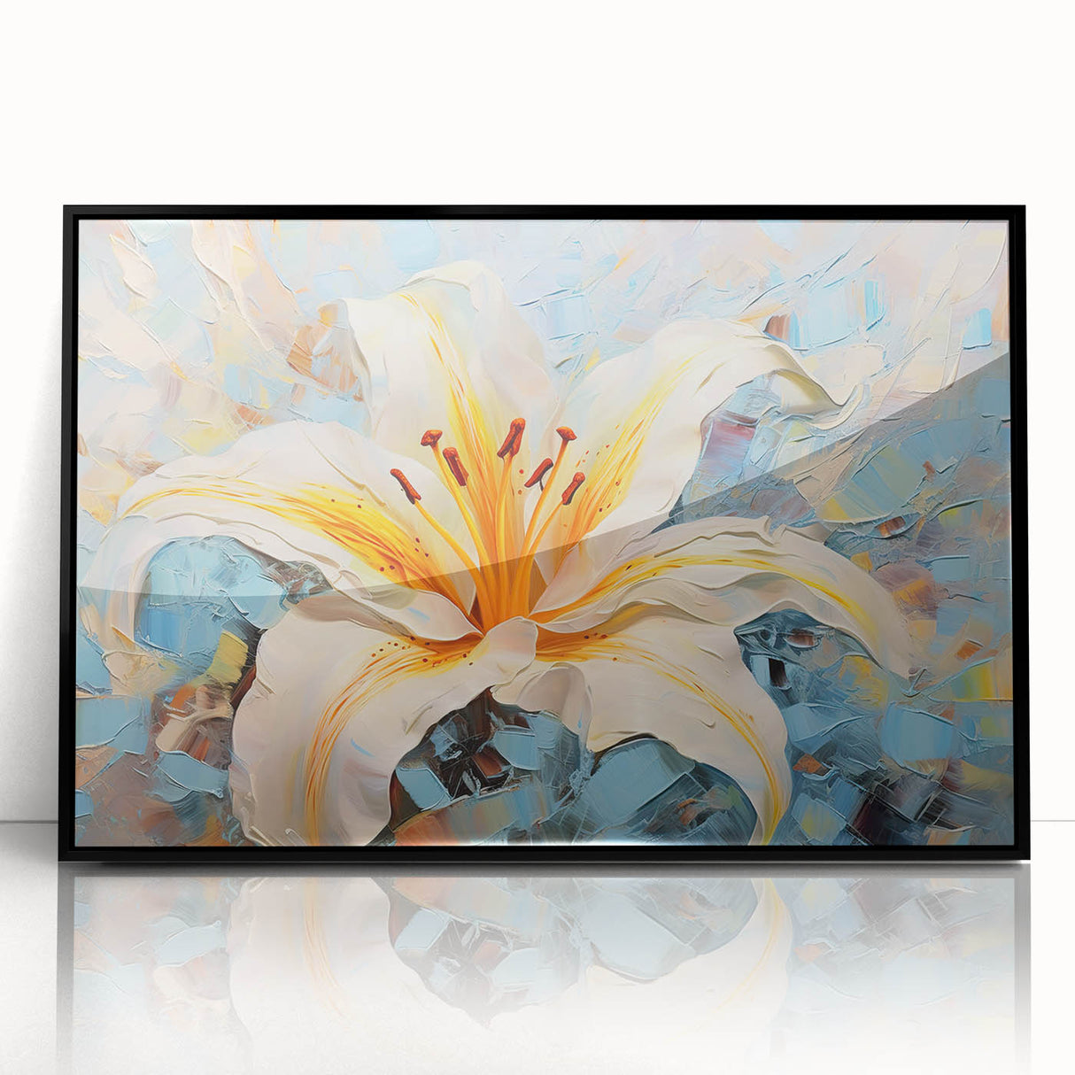 Framed botanical wall art featuring a striking black lily design, elegantly displayed with a sleek acrylic finish, ideal for modern home decor aesthetics.