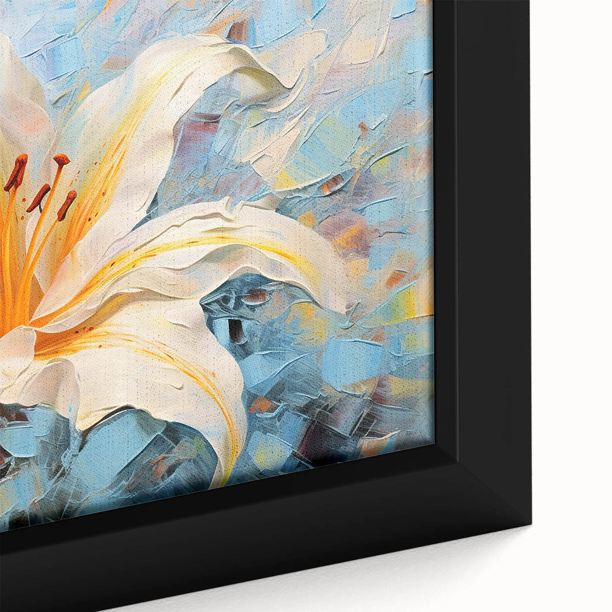 Close-up of a beautifully framed botanical lily design wall art collection, showcasing vibrant colors and intricate details on a textured canvas, perfect for home decor.