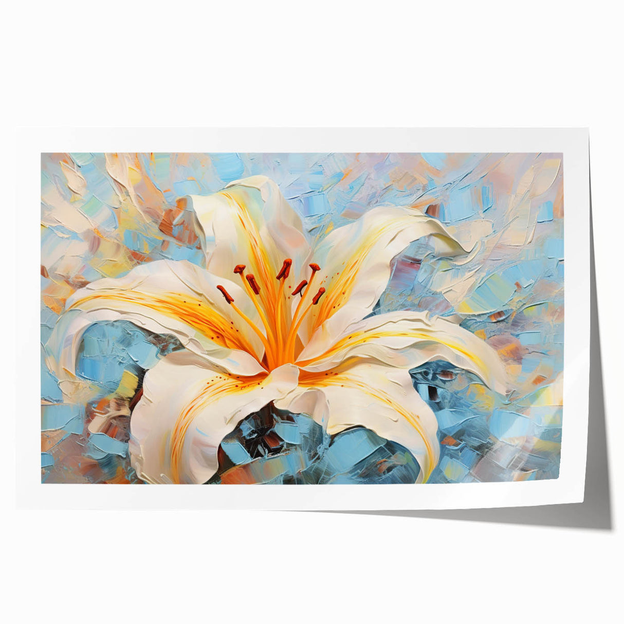 Botanical wall art print featuring vibrant lilies in an elegant design, rolled and ready for display, ideal for home decor enthusiasts and flower lovers.