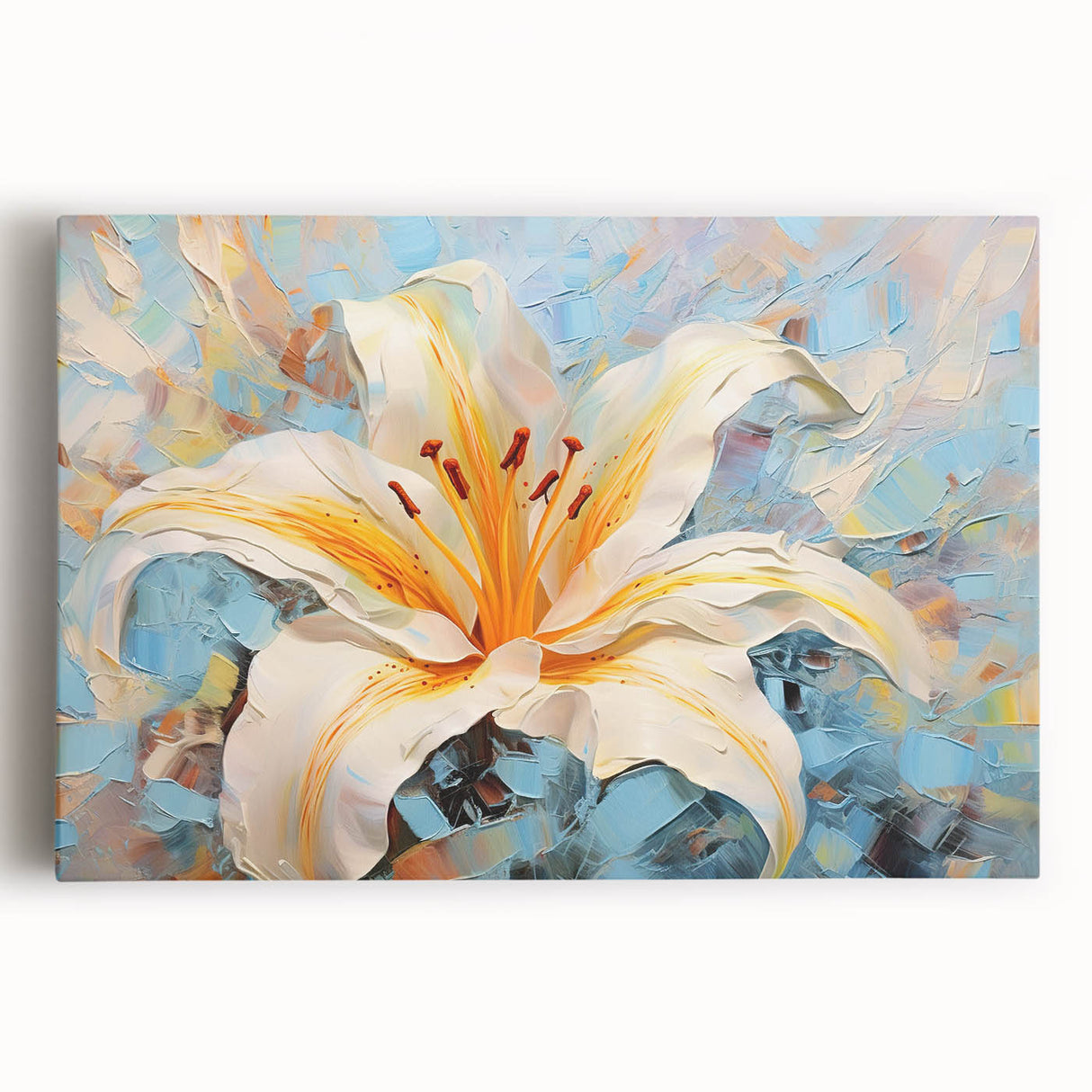 Stretched canvas wall art showcasing a vibrant botanical lily design, featuring rich green leaves and delicate white flowers, perfect for modern home decor.