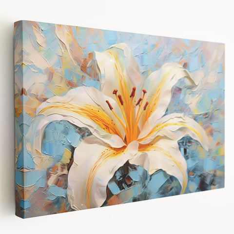 Stretched canvas wall art showcasing a vibrant botanical lily design, featuring intricate floral details and rich colors, ideal for home decor enhancement.