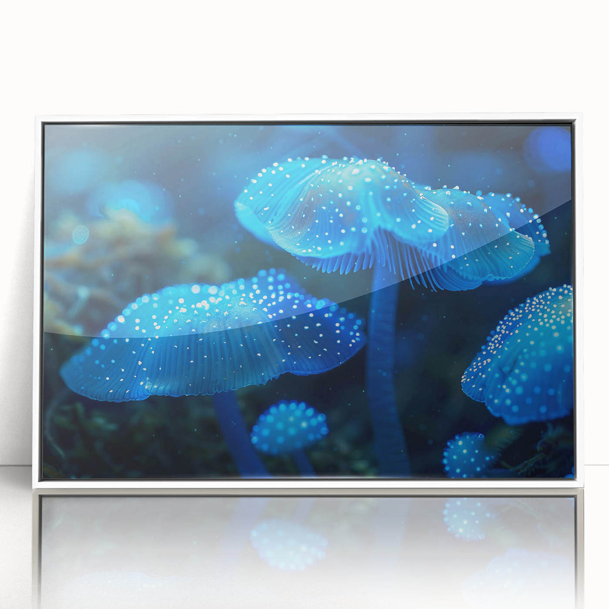 Framed wall art featuring a botanical marine plants design, showcasing vibrant hues of blue and green with intricate details, perfect for ocean-themed decor.